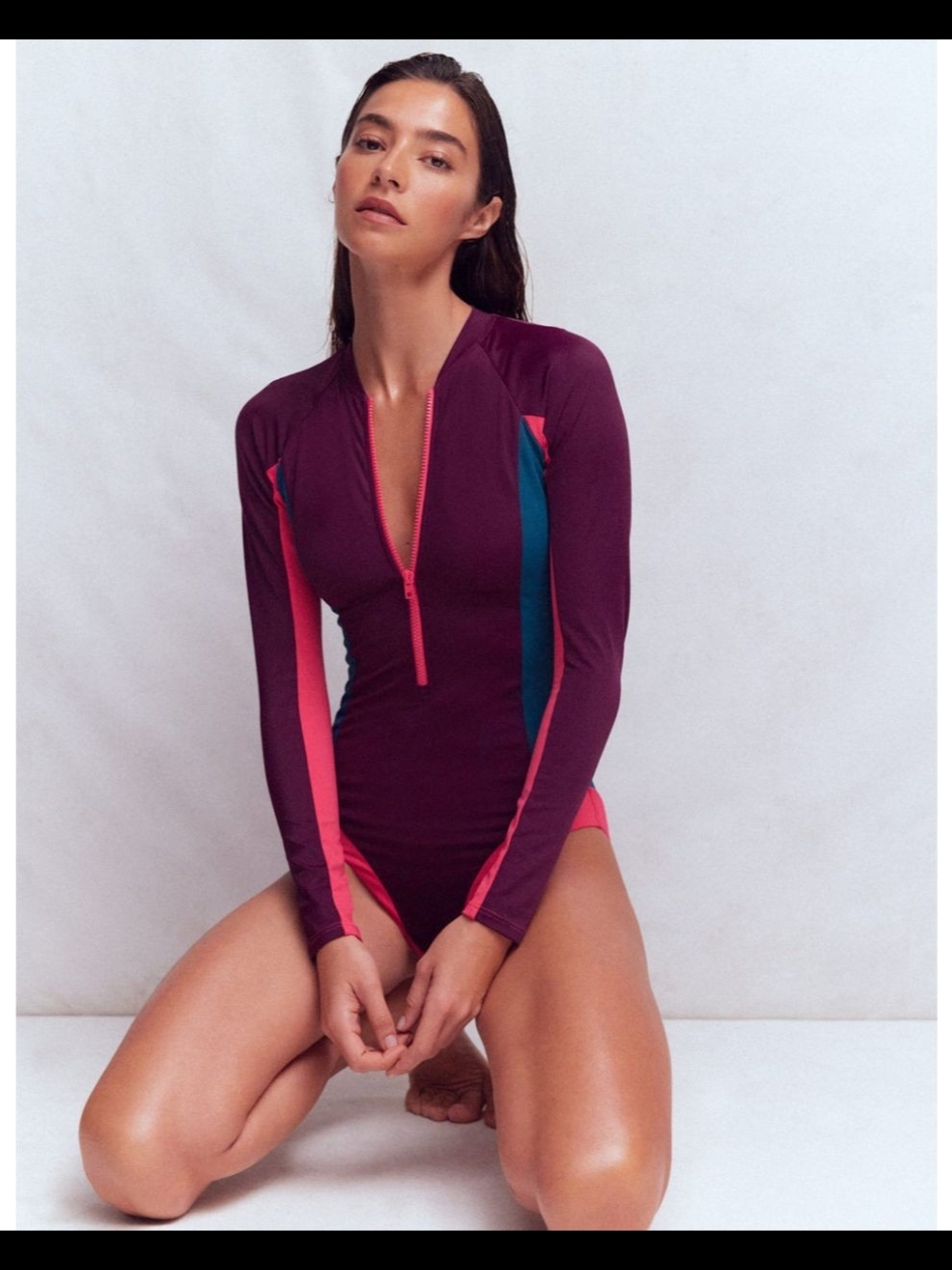 Boden Rash Guard Long-Sleeve Swimsuit in Purple Colorblock
